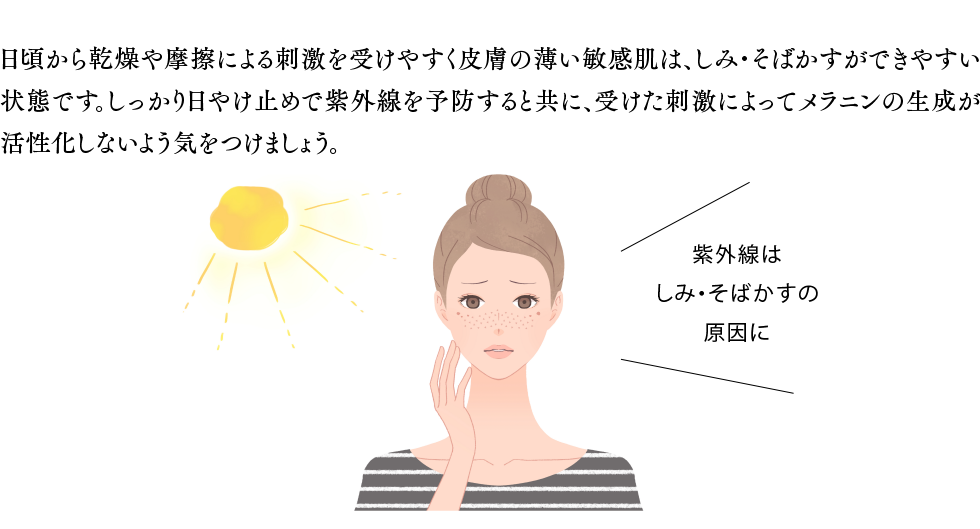 日頃から乾燥や摩擦による刺激を受けやすく皮膚の薄い敏感肌は、しみ・そばかすができやすい状態です。しっかり日やけ止めで紫外線を予防すると共に、受けた刺激によってメラニンの生成が活性化しないよう気をつけましょう。