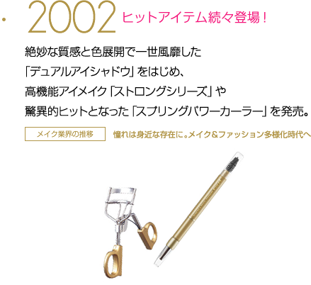 2002 ヒットアイテム続々登場！ 絶妙な質感と色展開で一世風靡した「デュアルアイシャドウ」をはじめ、高機能アイメイク「ストロングシリーズ」や驚異的ヒットとなった「スプリングパワーカーラー」を発売。