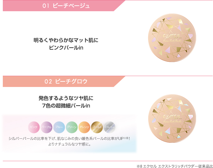 01 ピーチベージュ 明るくやわらかなマット肌にピンクパールin 02 ピーチグロウ 発色するようなツヤ肌に7色の超微細パールin