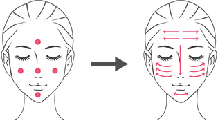 パール粒大の化粧下地を額・鼻・両頬・あごに分けてつけた女性の顔のイラストと、それを顔の中心から外側に向かって均一にのばすことを示した女性の顔のイラスト
