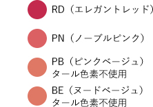 ノブ リップスティックの４色の色玉イラスト。RD（エレガントレッド）、PN（ノーブルピンク）、PB（ピンクベージュ）タール色素不使用、BE（ヌードベージュ）タール色素不使用の４色。
