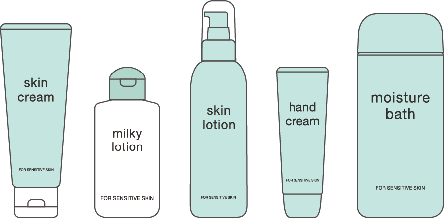 肌荒れ、乾燥が気になる敏感肌の方におすすめの高保湿のボディケアアイテムのイラスト。左から、ボディクリーム（ボディークリーム、全身用保湿クリーム）、乳液（ミルク）、ローション、ハンドクリーム、保湿入浴剤。フェイスクリームだけでなく全身に使えるものもや、その他バームタイプのもなどさまざまなタイプがある。お肌になじむ使い心地のよいものを見つけてみましょう。