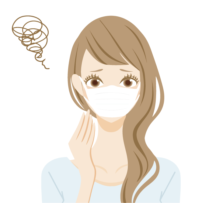 マスクによる肌荒れ（マスク肌荒れ）で顎（あご）や頬の乾燥、赤み、かゆみ、ニキビなどの肌トラブルに悩む敏感肌の女性のイラスト。マスクを着用している。マスクによる肌荒れ（マスク肌荒れ）の対策（マスク肌荒れ防止、マスク肌荒れ予防）のため、化粧水（ローション）、乳液、クリームなどで高保湿のスキンケアをしましょう。
