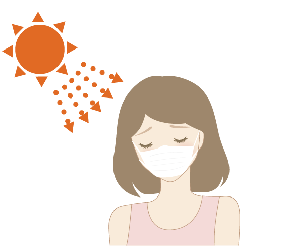 マスクによる肌荒れ（マスク肌荒れ）が気になっている女性のイラスト。マスク着用時の紫外線（ＵＶ）対策について、どのような日焼け止め クリームを使ったらよいか悩んでいる。