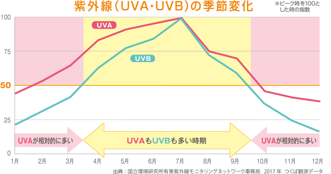 紫外線（UVB・UVA）の季節変化を示した観測データ。10月から3月はUVAが相対的に多く、4月から9月はUVAもUVBも多い時期を示している。