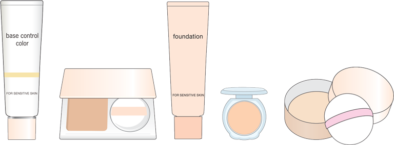 ニキビ肌におすすめのベースメイクアップ化粧品のイラスト。左から化粧下地（ベース）、パウダーファンデーション（パウダリーファンデーション）、リキッドファンデーション、コンシーラー、フェイスパウダー