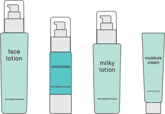 敏感肌のための保湿アイテム（化粧水、美容液、乳液、クリーム）のイメージイラスト