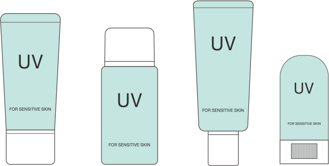 日焼け止めのさまざまなタイプ（剤型）から、クリームタイプ、ローションタイプ、ミルク（乳液）タイプ、スティック（固形）タイプを示したイメージイラスト。