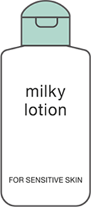 赤ちゃんにおすすめの乳液（ミルク）をイメージしたイラスト。無香料・無着色・低刺激性でのびがよく塗りやすい乳液（ミルク）タイプがおすすめ。