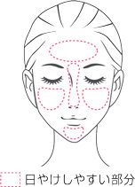 頬、額、鼻、あごなど日焼けしやすい部位を示した女性の顔のイラスト