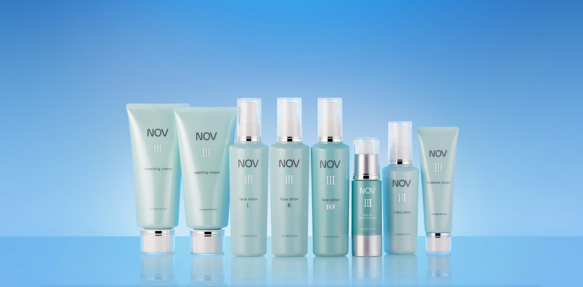 ノブ �V シリーズは皮膚のバリア機能をサポートしうるおいのあるすこやかなお肌に導くスキンケアです。