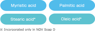 Myristic acid | Palmitic acid | Stearic acid* | Oleic acid* | *Incorporated only in NOV Soap D