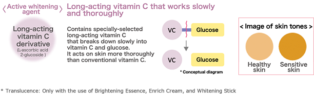 <Active whitening agent> Long-acting vitamin C that works slowly and thoroughly Long-acting vitamin C derivative L-ascorbic acid 2-glucoside Contains specially-selected long-acting vitamin C that breaks down slowly into vitamin C and glucose. It acts on skin more thoroughly than conventional vitamin C. Glucose * Conceptual diagram <Image of skin tones> Healthy skin Sensitive skin * Translucence: Only with the use of Brightening Essence, Enrich Cream, and Whitening Stick